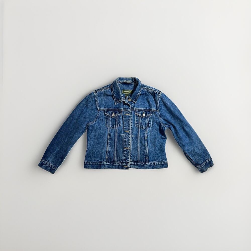 Vintage Eddie Bauer Womens Blue Denim Jean Jacket Size L Button Front Pockets